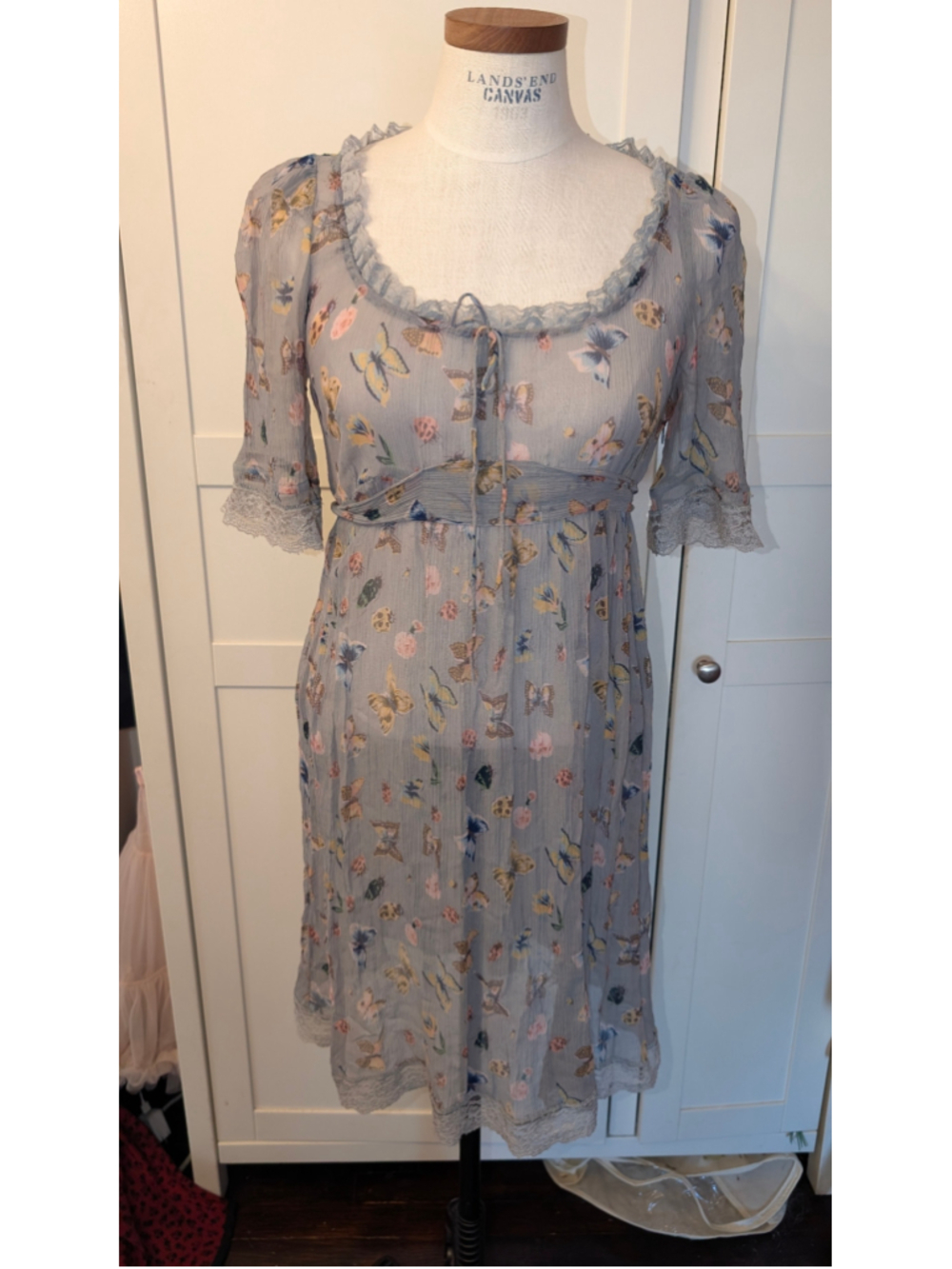 Vintage Betsey Johnson Butterfly Print Midi Dress Size S Blue Yellow
